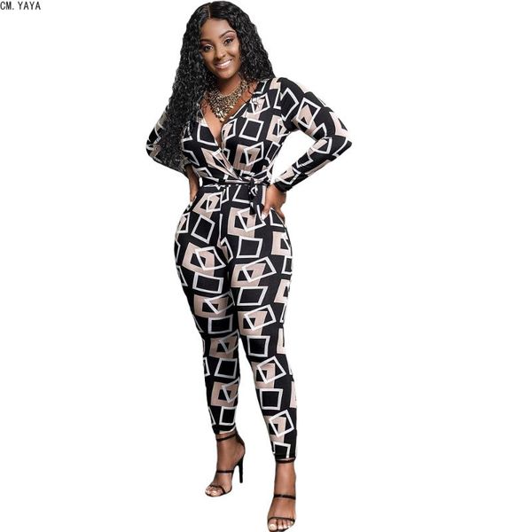 

women's jumpsuits & rompers cm.yaya 2021 spring summer women v-neck long sleeve print lace up night club one piece outfits ly9222, Black;white