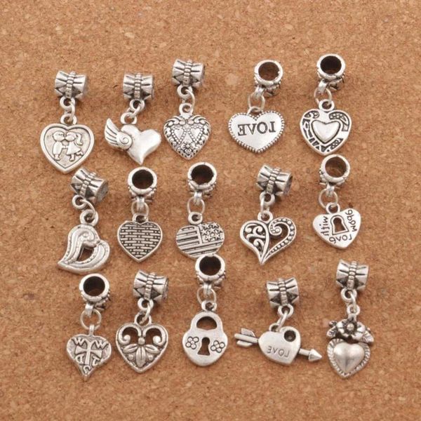 

antiqued silver assorted heart dangles alloy loose beads fit european charm bracelet jewelry diy metal bm6 150pcs/lot, Black