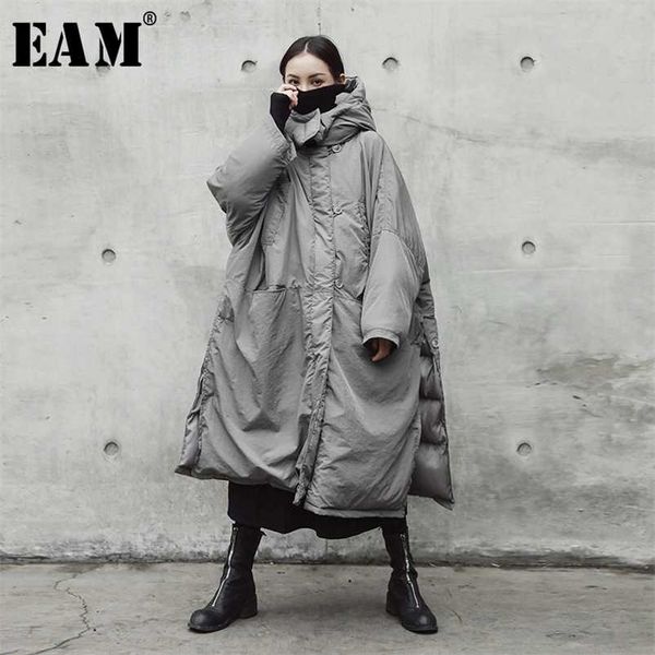 

[eam] hooded cotton-padded gray oversize long warm coat long sleeve loose fit women parkas fashion spring autumn je02002 210930, Black