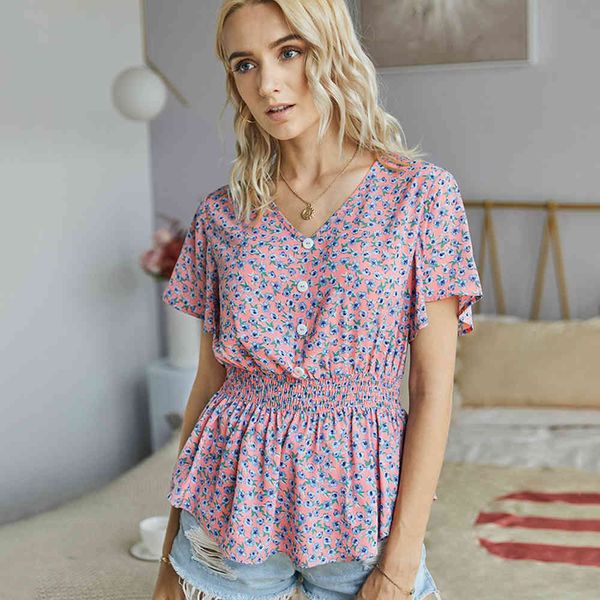 

shorts ruched floral print shirt women 2021 summer short sleeve v neck with button ladies skinny vintage pullover and blouses, White;black