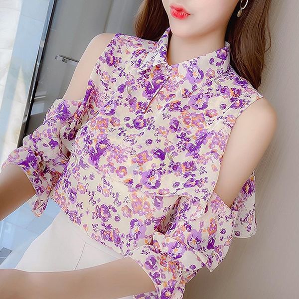 

women's blouses & shirts blouse women summer off shoulder blusas mujer de moda 2021 print chiffon shirt blusa d357, White