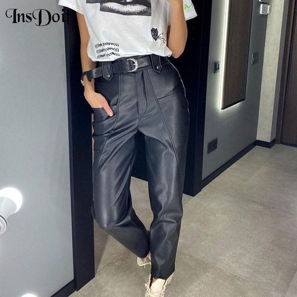 

women's pants & capris insdoit streetwear punk leather black harajuku big pocket high waist trousers women street fashion rivet slim, Black;white