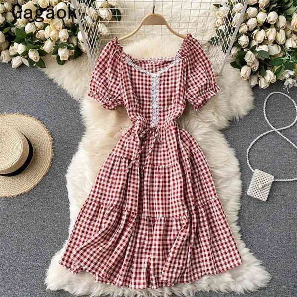 

woman dress summer v-neck puff sleeve sweet lace mini dresses slim korean chic fashion female wild vestidos 210531, Black;gray