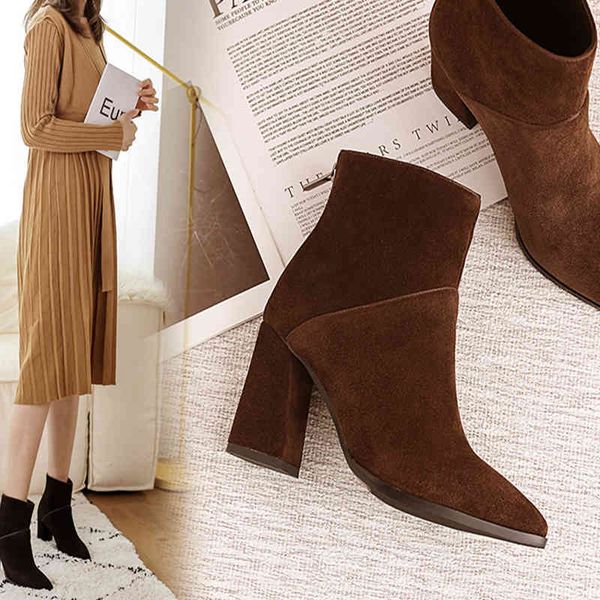 

dress shoes bota feminina cano curto couro legÃ­timo plus size 22-26.5 cm comprimento pÃ©s calÃ§ado feminino inverno bico fino zÃ­per lateral ep, Black