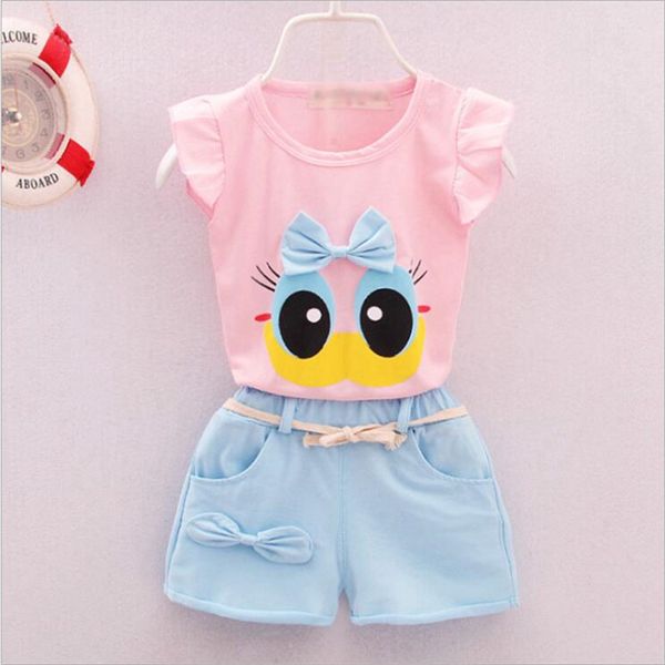 

children girls clothes set 2021 new summer sleeveless t-shirt print bow shorts for girl kids clothes children clothing 1-4 years, White