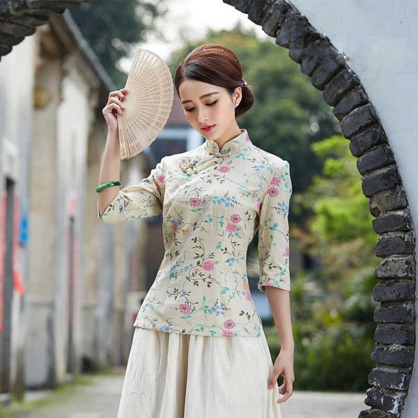 

chinese style retro tang decoration printed cotton linen hand-made flower buckle cheongsam 210603, White