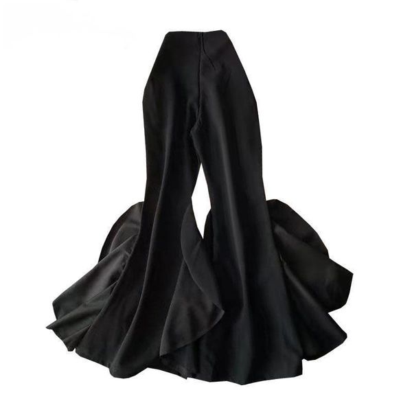 

women's pants & capris [eqw]1 all match long trousers women fashion flare 2021 pant ruffle vintage black clothing, Black;white