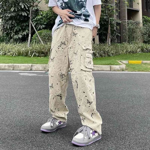 

men's pants splashed ink butterfly overalls tie-dye pockets straight retro casual mens cargo high street baggy oversize trousers r, Black
