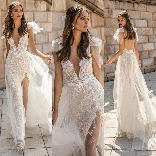 Berta Gelinlik Muse V Boyun Dantel Sequins Bölünmüş Backless Sweep Tren Gelinlikler Artı Boyutu Boho Robe de Mariée