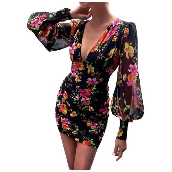 

casual dresses deep v-neck boho print shirt dress women autumn elegant vintage long sleeve high waist wrap hip mini ladies vestidos, Black;gray
