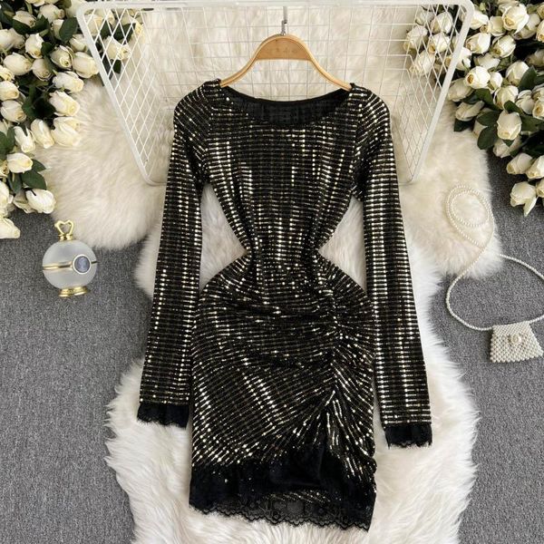 

casual dresses women sequin glam mini bodycon dress floral lace patchwork party o-neck long sleeve ruched slim christmas club outfit, Black;gray