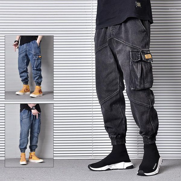 

fashion vintage 2021 men jeans loose fit multi pockets denim cargo pants streetwear designer hip hop joggers men's, Blue