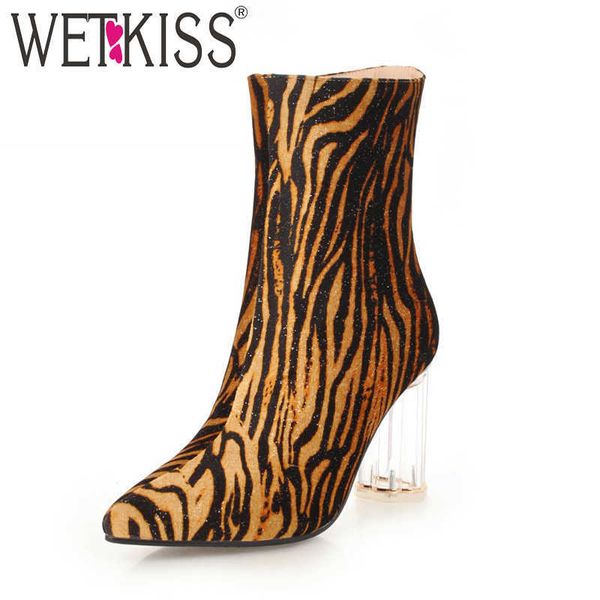 

wetkiss leopard print women boots zip pointed toe thick plush footwear transparent high heels female boot shoes woman winter 210630, Black