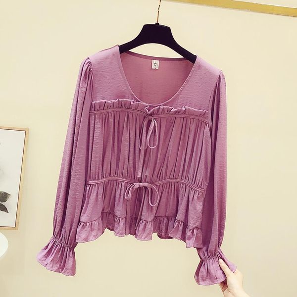 

autumn women's o neck flare long sleeves ruffles short style shirts students ladies shirt blouse a4156 210428, White