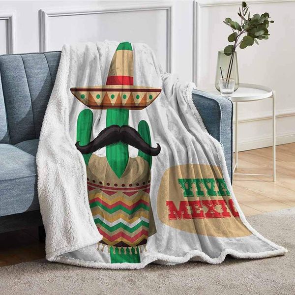 

Customized Blanket Quote Near The Human Body Shaped Cactus Plant with Moustache Print Couch Throw Blankets for SofaGreen Cream