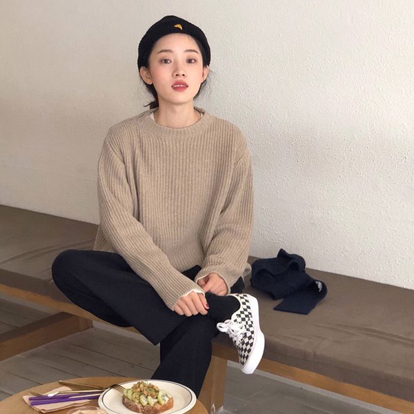 

2 colors 2021 autumn winter korean style loose soild color knitted sweaters womens sweaters and pullovers (c8507), White;black