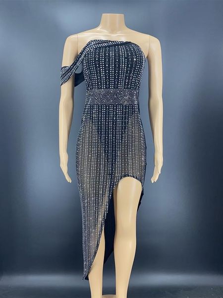 

stage wear off-shoulder evening dresses full rhinestone dress singer performance costume birthday celebration party rave outfit, Black;red