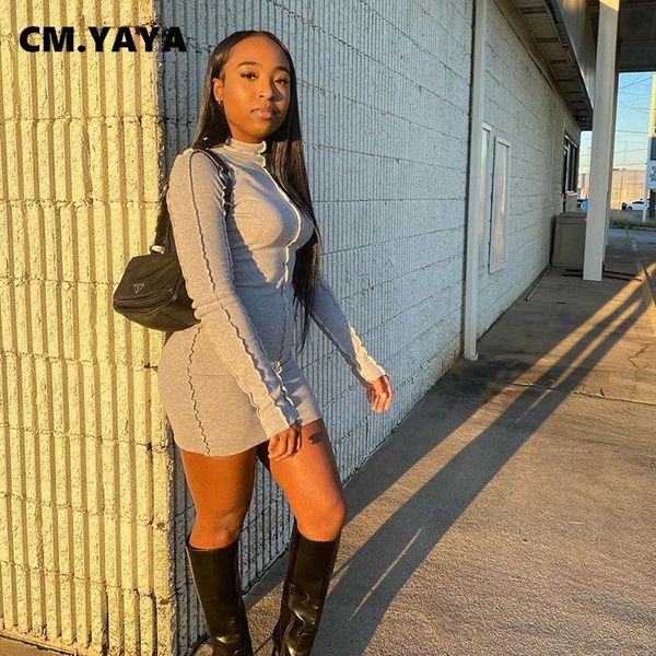 

casual dresses cm.yaya aumutn winter women's streetwear solid long sleeve ruffles o-neck mini straight dress, Black;gray