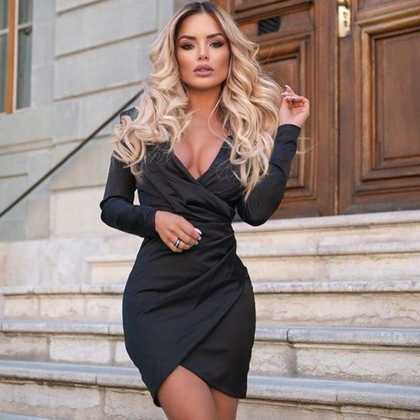 

casual dresses satin long sleeve ruched dress for women solid deep v neck ladies streetwear stretch short club, Black;gray