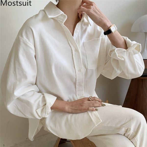 

corduroy thick women shirt spring full sleeve turn-down collar casual fashion korean female bludas mujer 210514, White