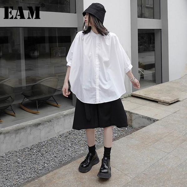 

women's blouses & shirts [eam] women white brief big size blouse lapel three-quarter sleeve loose fit shirt fashion tide spring summer