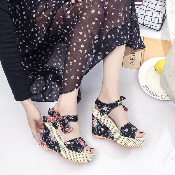 

summer bohemian women sandals platform slope heels high-heeled fish mouth flower ribbon beach shoes, Black