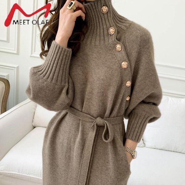

casual dresses stylish winter turtleneck buttons women knitted dress elegant full sleeve lace-up female thicken long sweater, Black;gray