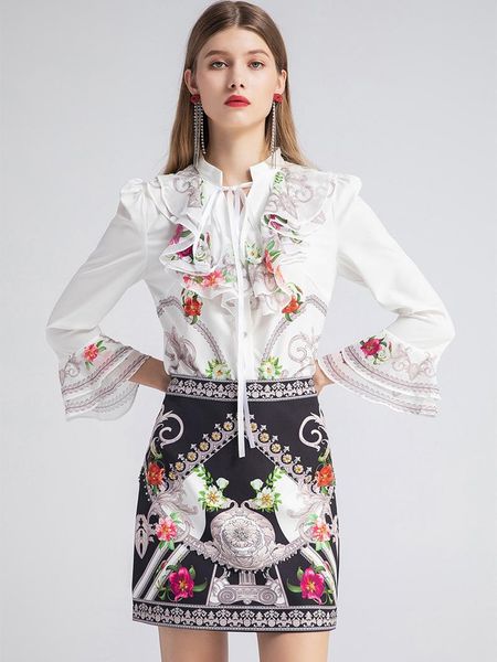 

women's tracksuits fall 2021 fashion lapel pleated ear edge long sleeve shirt a-line print skirt set, Gray