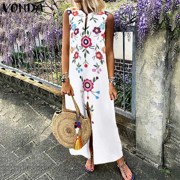 

dresses women's printed sleeveless maxi dress 2021 vonda split hem baggy kaftan long beach sundress loose bohemian vestidos, Black;gray