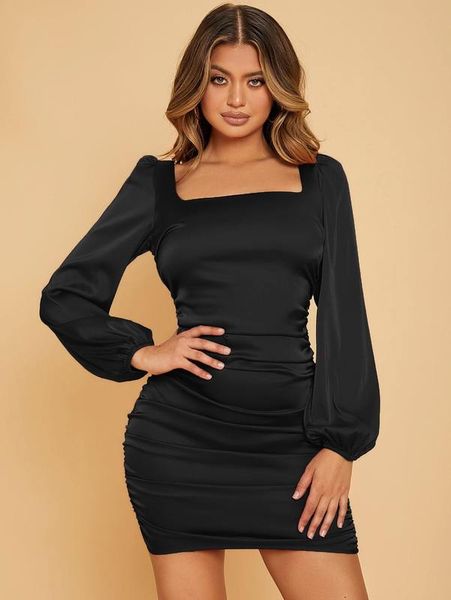 

square neck lantern sleeve backless ruched satin bodycon dress she, Black;gray