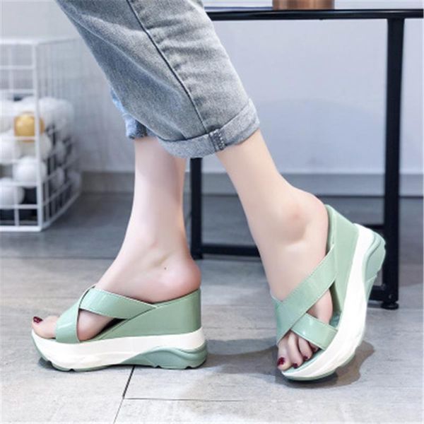 

women mules shoes slip-on wedges 10 cm high heels shallow peep toe platform non-slip female beach slippers pumps plus size 34-44, Black