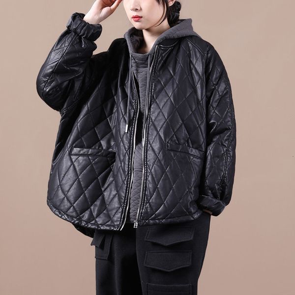 

simple leisure winter clothes for young women loose size big hem thick zipper rhombic short leather jacket y694 816a, Black;brown