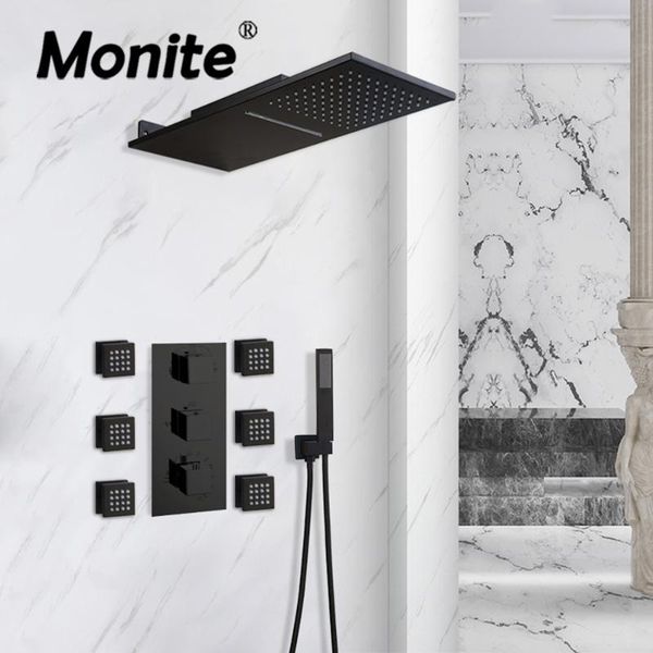 

matte black bathroom bath shower faucet set rainfall & waterfall head thermostatic control valve w/ 6 massage jets spray sets