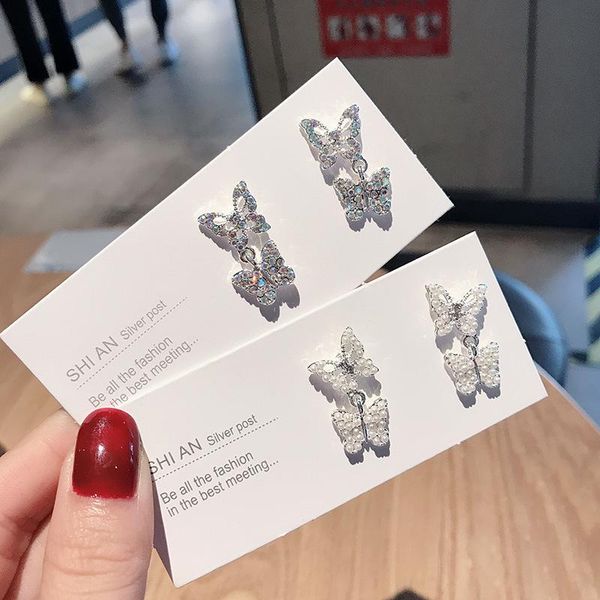 

simple and elegant crystal pearl butterfly small earrings cute micro inlaid zircon girls women gifts dangle & chandelier, Silver