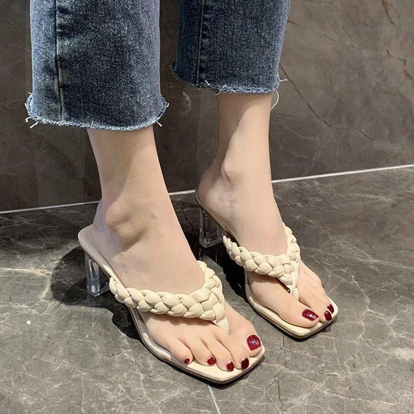 

women slippers summer outdoor shoes fashion clear block high heels slip on flip flop weaven slides sandals plus size dress, Black