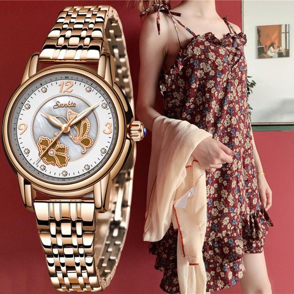 Armbanduhren SUNKTA Elegante Frau Uhr Weibliche Armbanduhr Japan Movt 30M Wasserdicht Gold Teure Analoge Genfer Quarz