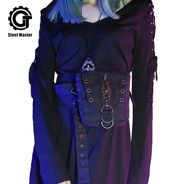 

2021 gothic bag women rivet waist leg bags fashion retro rock long chain motorcycle dark blue rivet leg bag for women