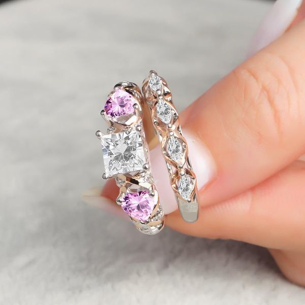 

cluster rings 2 pieces/nested pink bi-heart zircon women's ring romantic rose-gold wedding dress suit jewelry valentine's day gift, Golden;silver