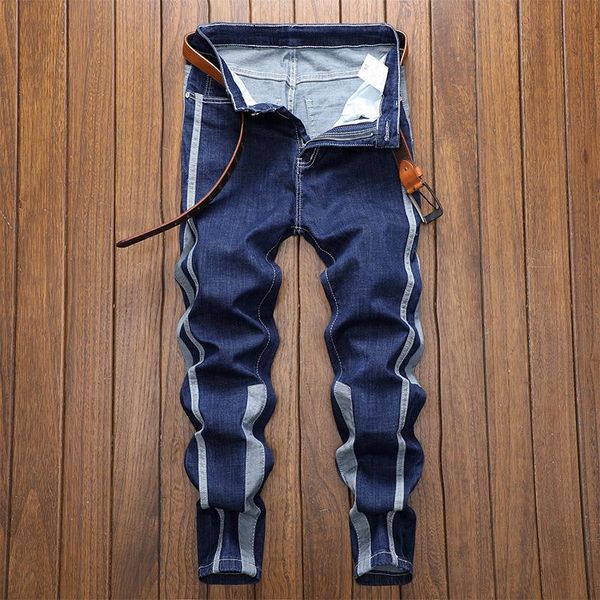 

men's jeans spring autumn fashion cotton splicing washed high street slim casual tapered denim trousers motorcycle male, Blue