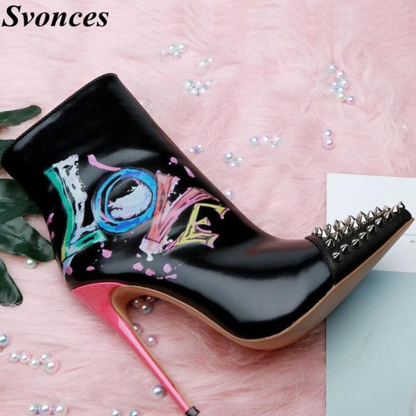 

boots women elegant pointed toe black white stiletto heel short studs love zipper-up high ankle celebrity shoes