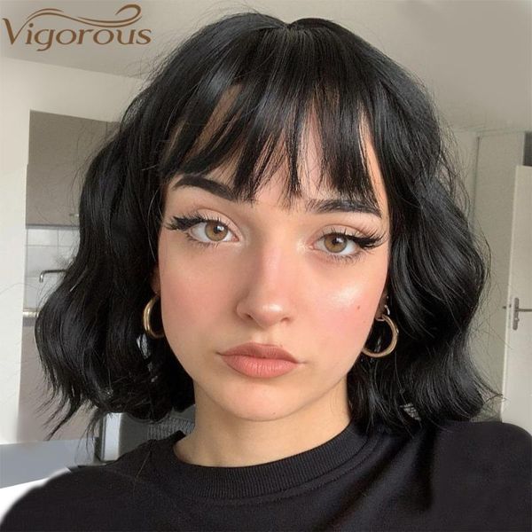 

synthetic wigs vigorous short wavy wig with bangs black for women natural brown mixed hair bob heat resistant fiber