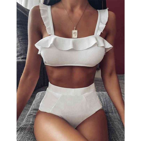 

ruffle high waist bikini swimwear women swimsuit push up set solid bathing suit summer beach wear swimming 210712, White;black