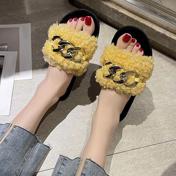 

slippers women 2021 female faux fur chain open toes home cotton shoes lady warm plush flock comfor indoor shoe women's footwear, Black