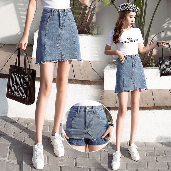 

2020 women's high waisted and versatile a-line skirt short tassel denim summer, Black