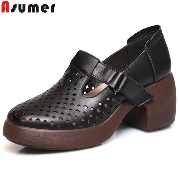 

dress shoes asumer size 34-40 pumps women round toe square high heels platform genuine leather mary janes, Black