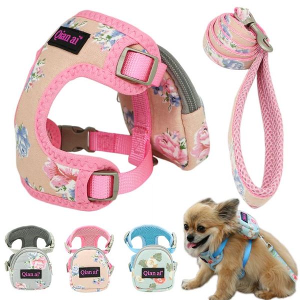 

dog collars & leashes pet harness leash vest snack bag adjustable breathable mesh set for small medium dogs cat outdoor walking
