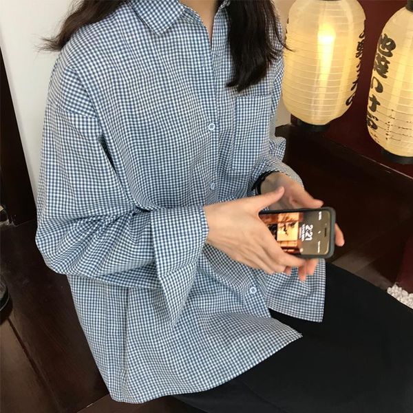 

women's blouses & shirts summer long sleeve loose vintage blouse shirt women cotton blue plaid female pockets autumn 2021, White