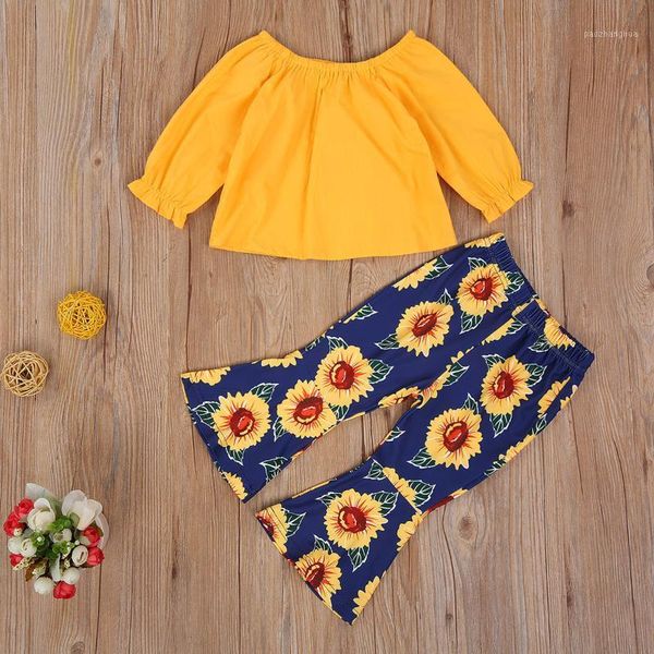 

baby & children's 0-24m born girls clothes sets long sleeve off shoulder solid sunflowers flare pants clothing1, White
