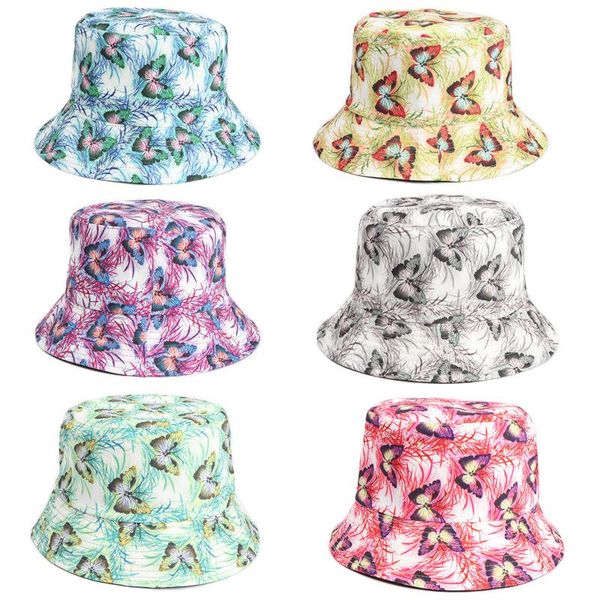 

wide brim hats fashion butterfly printing bucket hat cotton double-sided panama for girls cartoon sunshade fisherman cap, Blue;gray