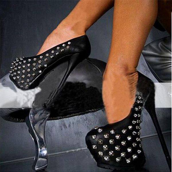 

dress shoes high platform round toe rivets studded pumps solid black spike heel spring autumn fashion woman